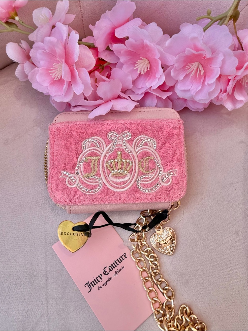 Juicy Couture Pink Embroidered Velvet Card Pouch with Gold Chain